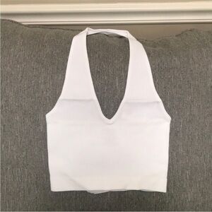 Ambiance White Ribbed V-Neck Halter Stretchy Crop Top
